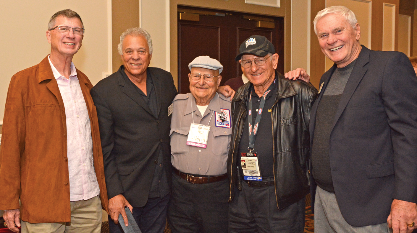 Ed Iskenderian (center) with racing and high-performance legends at the 2013 SEMA Hall of Fame lunch at the SEMA Show. From left: Herb Fishel, former executive director of GM Racing; Don Prudhomme; Isky; Don Garlits; and Joe Schubeck. Iskenderian’s accomplishments now include induction in PRI’s new Hall of Fame.