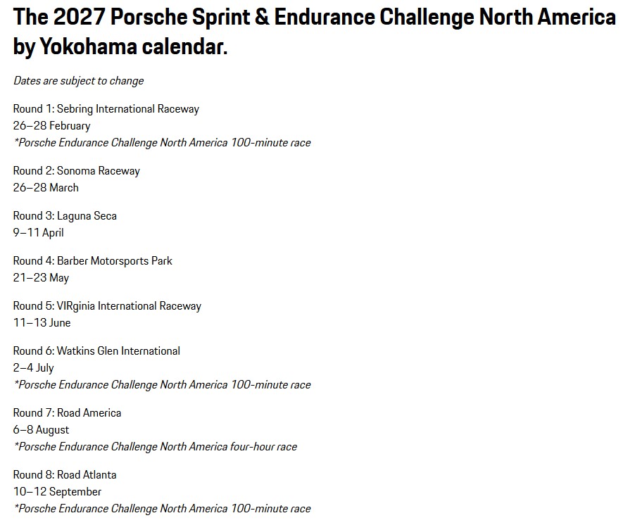 Porsche Sprint Challenge North America Schedule.