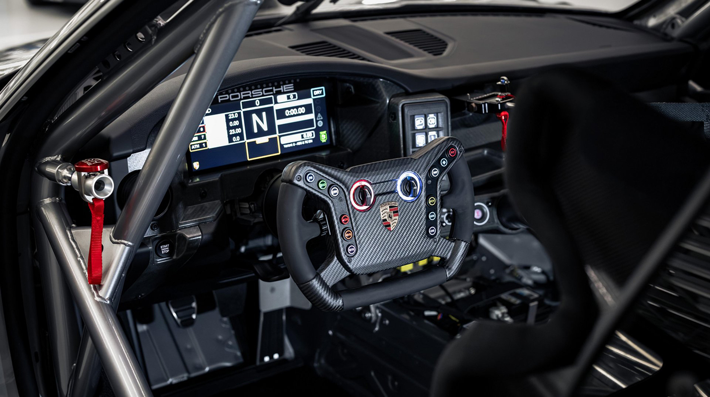 The cockpit of the Porsche 911 GT4 R.