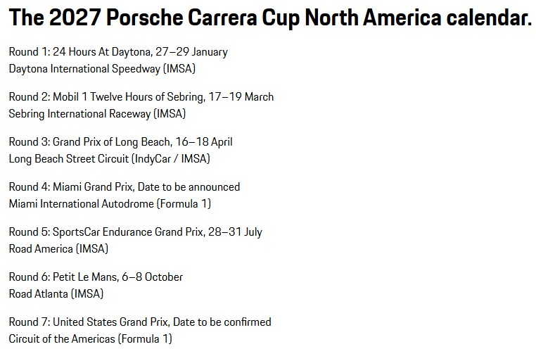 Porsche Cup 2027 schedule.