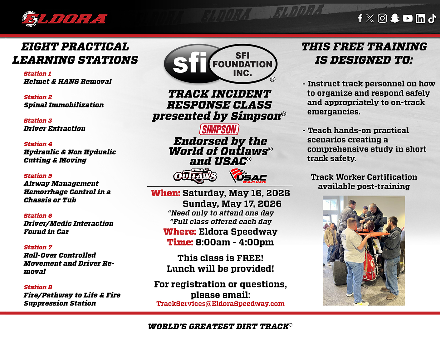 Flyer for the SFI Eldora track incident response class.