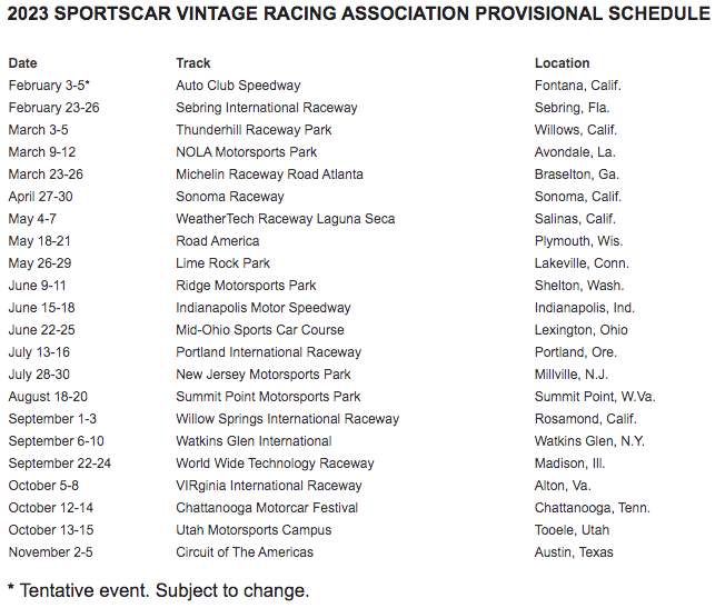 2023 SVRA provisional schedule, subject to change