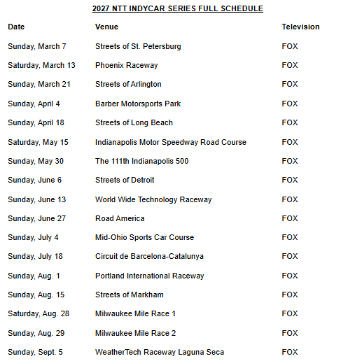 2027 INDYCAR Schedule