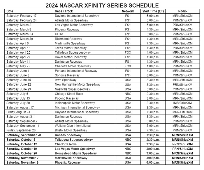 Xfinity Nascar Schedule 2024 Today Jessy Lucinda