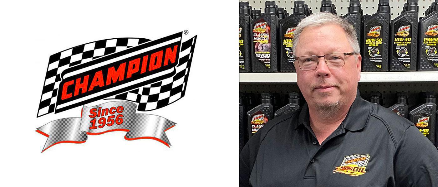 Champion Brands logo, headshot of Scott Baubie in front of Chamipn Oil display of products