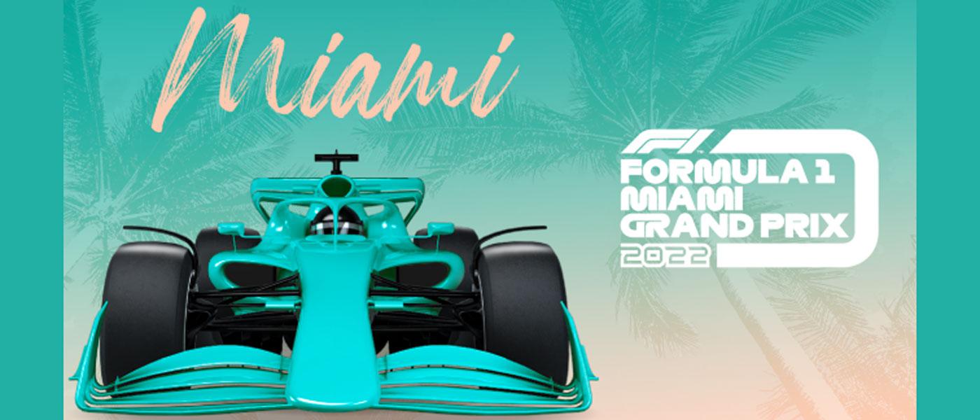 F1 Miami Grand Prix 2020 logo, F1 car in Miami teal color