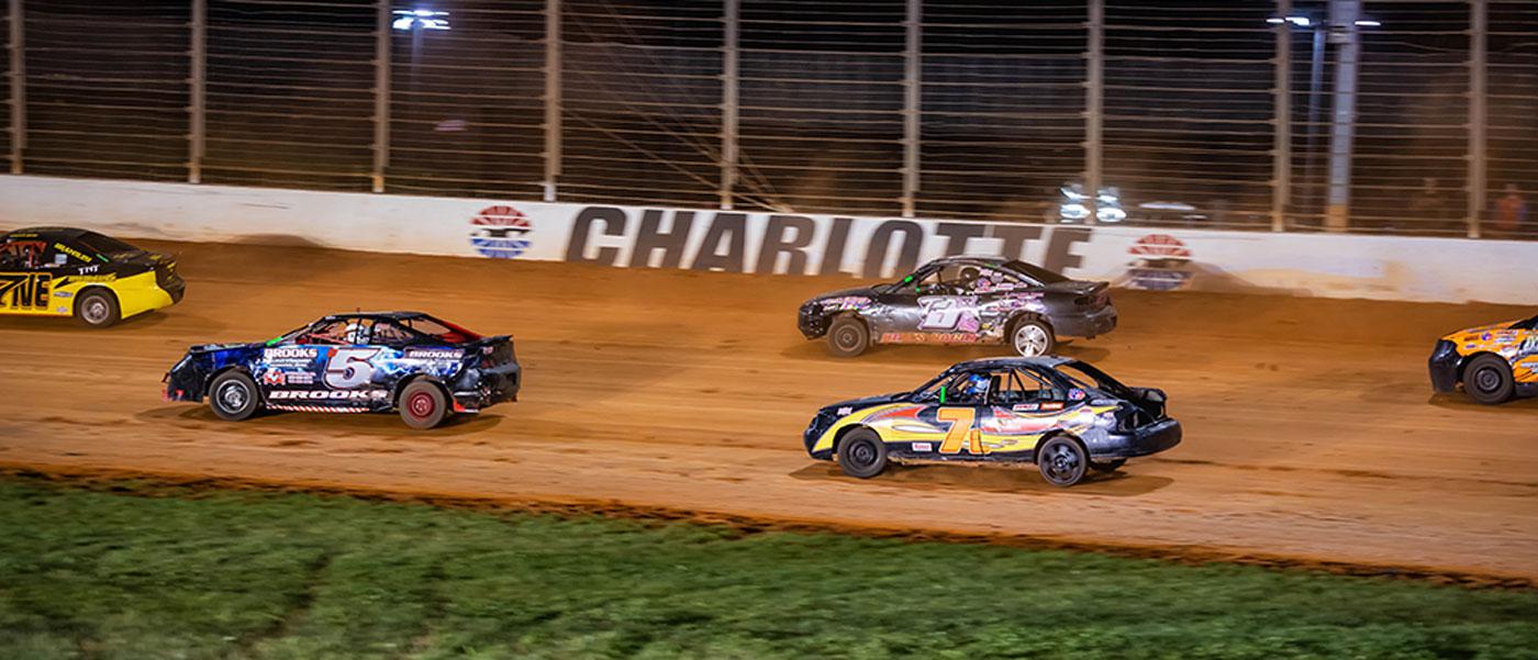 Photo by Jacy Norgaard, release courtesy of DIRTcar. 4 Cylinder stock cars on track at Charlotte