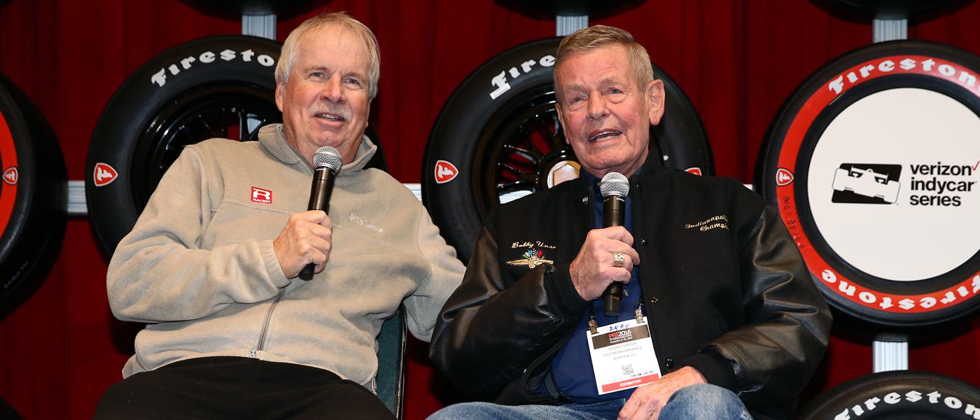 Robin Miller, left, with Bobby Unser, right, at PRI 2016. Photo by Chris Jones courtesy of IndyCar