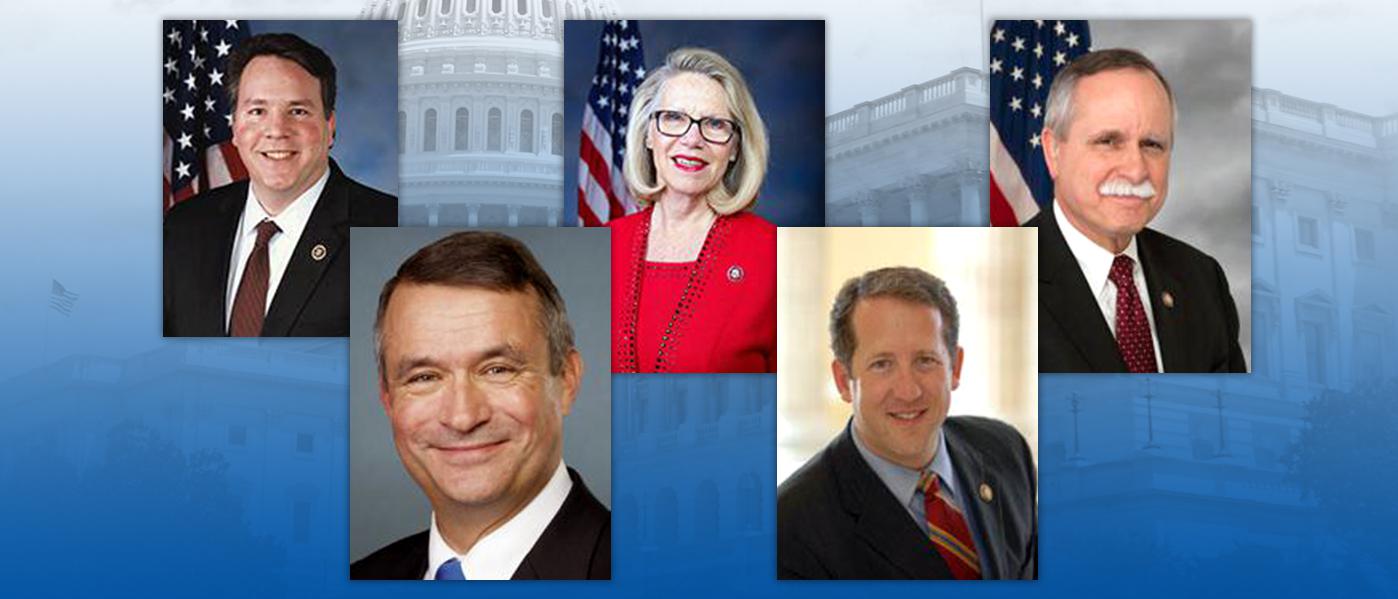 West Virginia lawmakers (top row) Reps. Alex Mooney (R-WV), Carol Miller (R-WV), and David McKinley (R-WV). West Virginia lawmakers (bottom row) Reps. Don Bacon (R-NE) and Adrian Smith (R-NE).