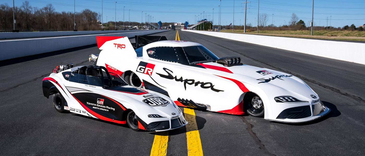 Photo of the GR Supra Jr. Roadster, left, courtesy of NHRA National Dragster