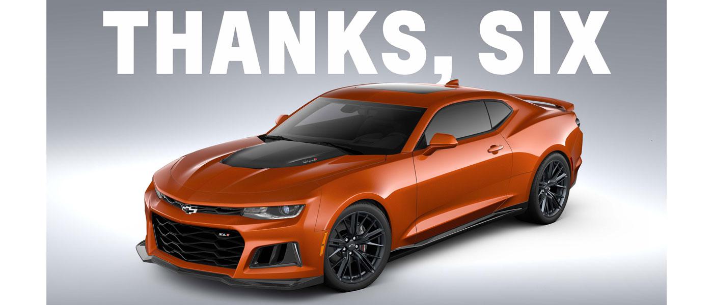 Image courtesy of Chevrolet. Thanks, Six overtop Camaro