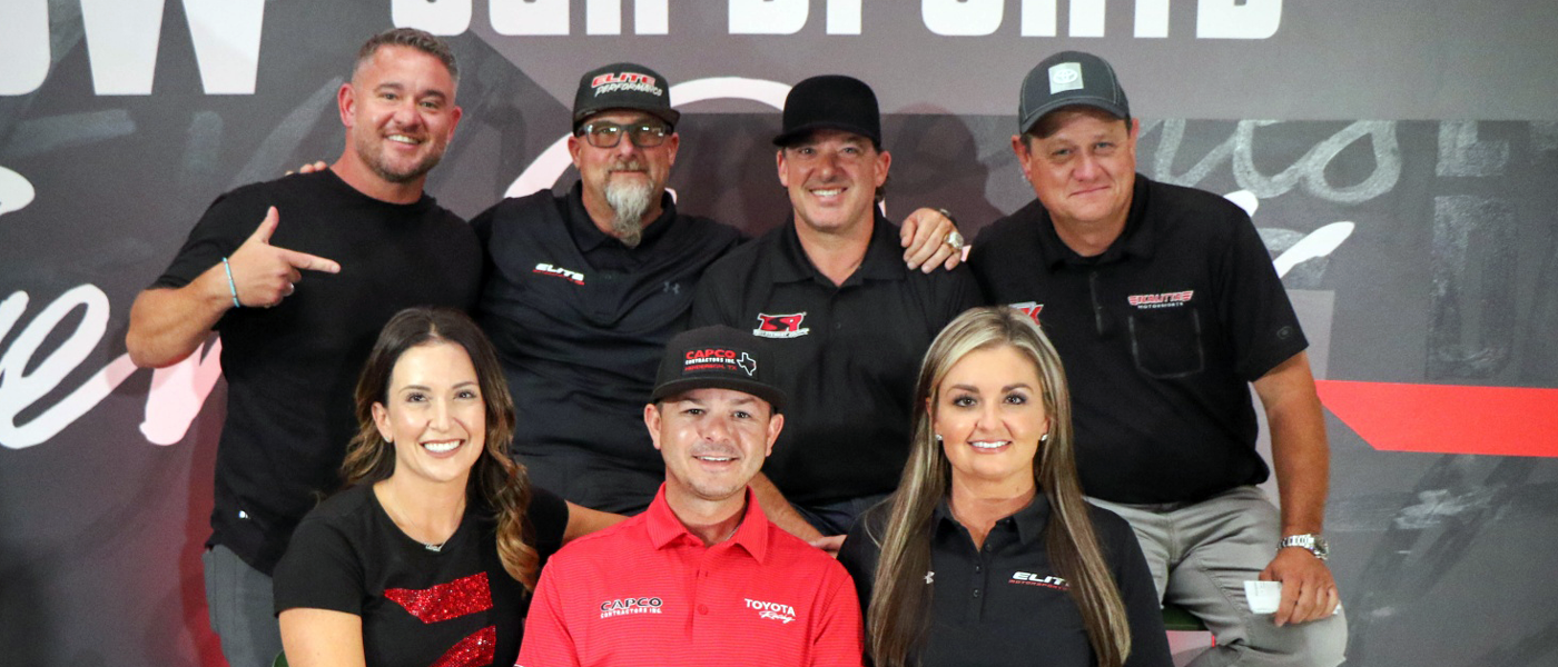 The PRO Superstar Shootout announcement included (front row) Courtney Enders, Steve Torrence and Erica Enders and (back row) Wes Buck, Richard Freeman, Tony Stewart and Chad Head.