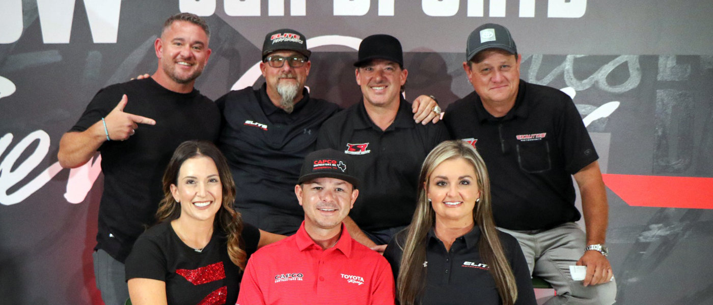 The PRO Superstar Shootout announcement included (front row) Courtney Enders, Steve Torrence and Erica Enders and (back row) Wes Buck, Richard Freeman, Tony Stewart and Chad Head.