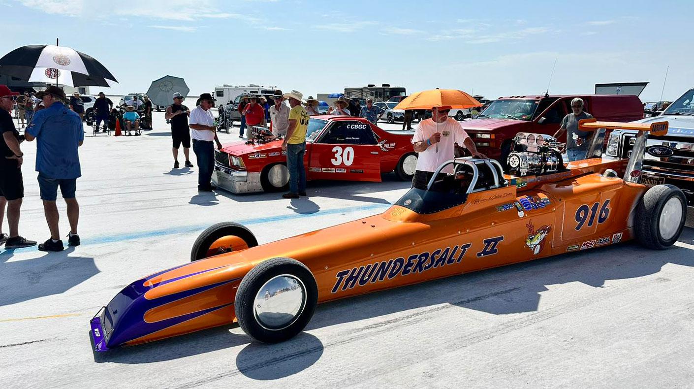 Photo of the Big Block Ford powered Thundersalt 2 courtesy of The Utah Salt Flats Racing Association (USFRA).
