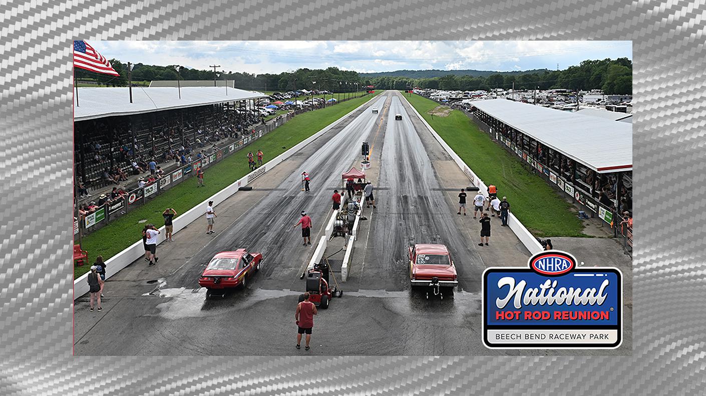 An image of a drag strip starting line and the NHRA National Hot Rod Reunion Beech Bend Raceway Park logo.