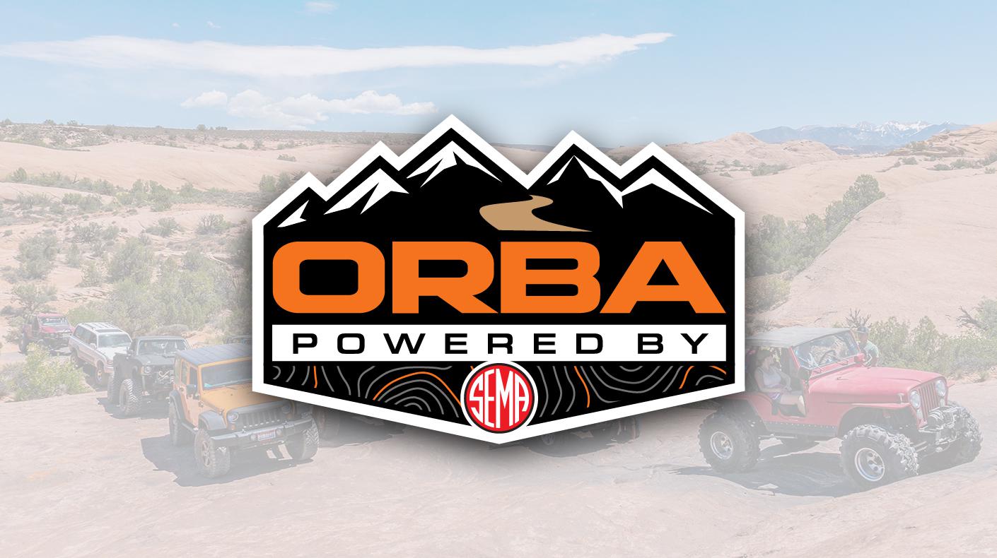 The ORBA logo over an image of off-road vehicles driving through the desert in Moab, Utah. 