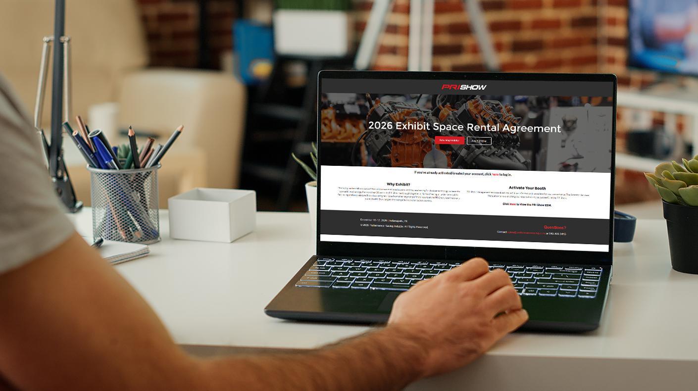 An image of a person on a laptop, with a webpage for the PRI Show Exhibit Space Rental Application pulled up.
