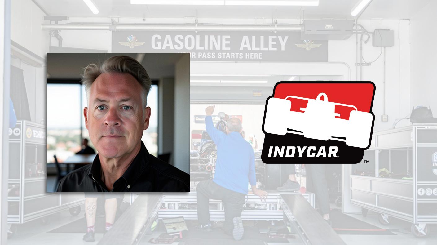 A photograph of Scot Elkins next to the Indycar logo.