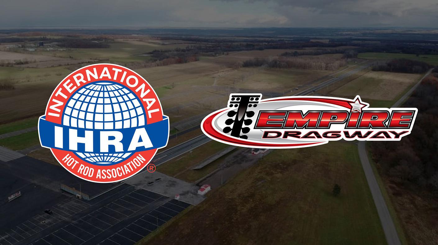 Photo of Empire Dragway with the IHRA and Empire Dragway logos.  