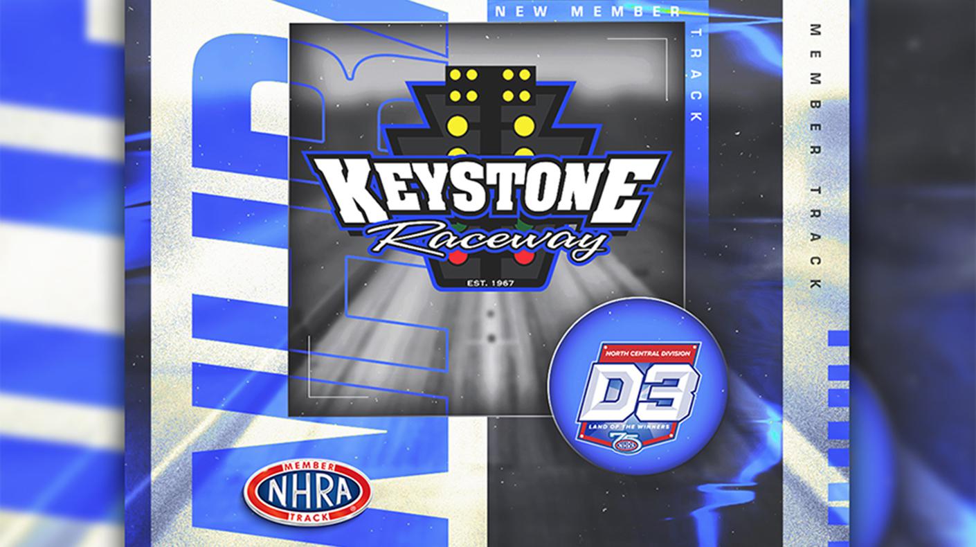 Graphic showing the Keystone Raceway logo and the NHRA member track logo. 