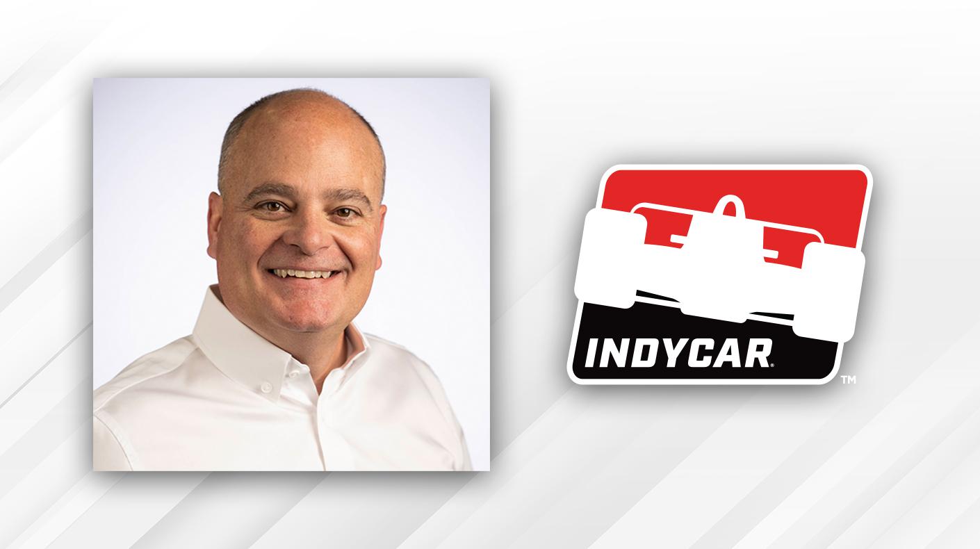 Photo of new INDYCAR VP of Competition, Race Engineering Mike O'Gara and the INDYCAR logo.