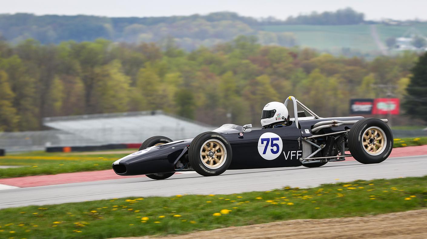 A vintage Formula Ford car on track at Mid-Ohio Sports Car Course