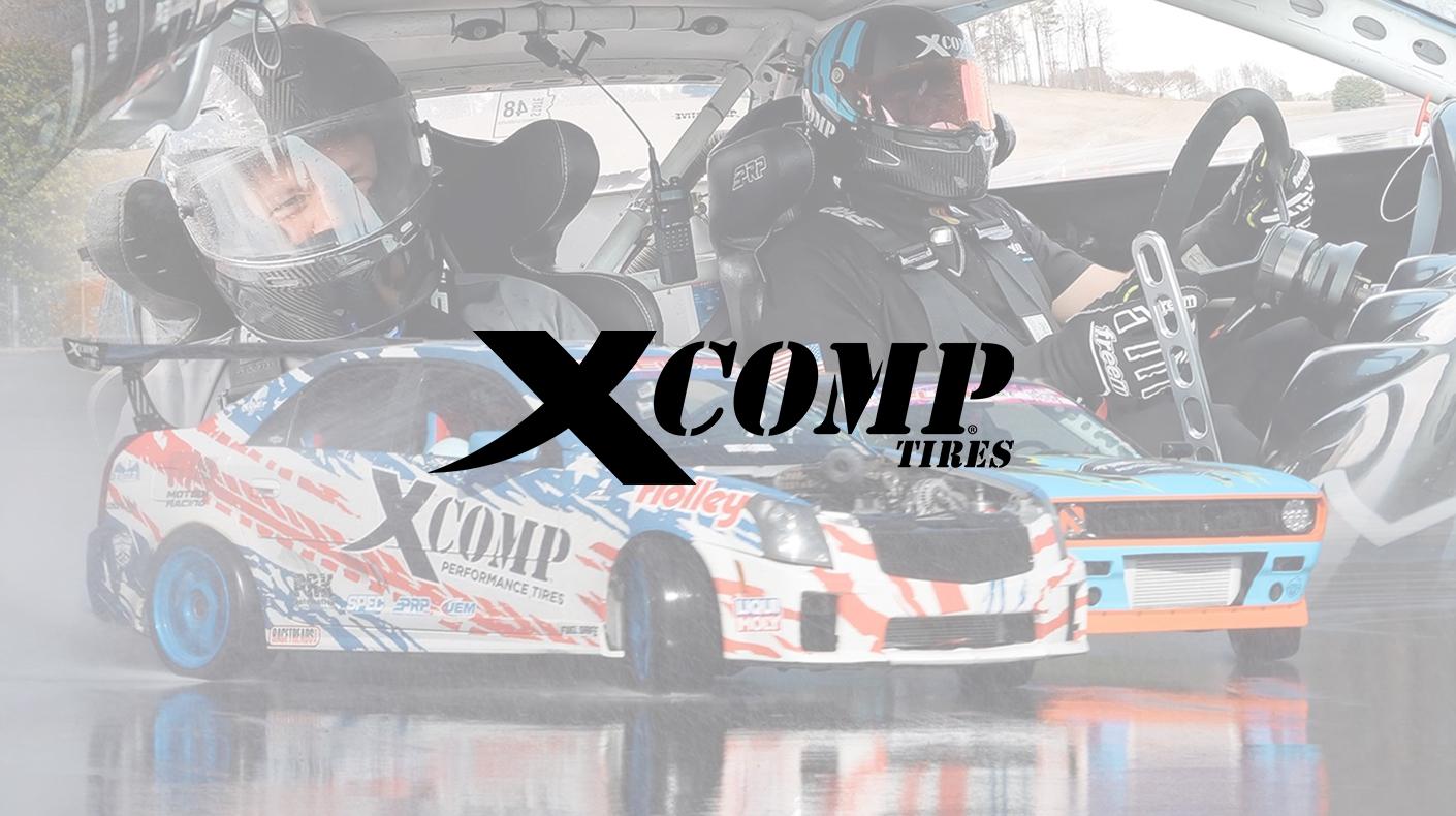 XCOMP Tires logo over an image from the ride and drive event.