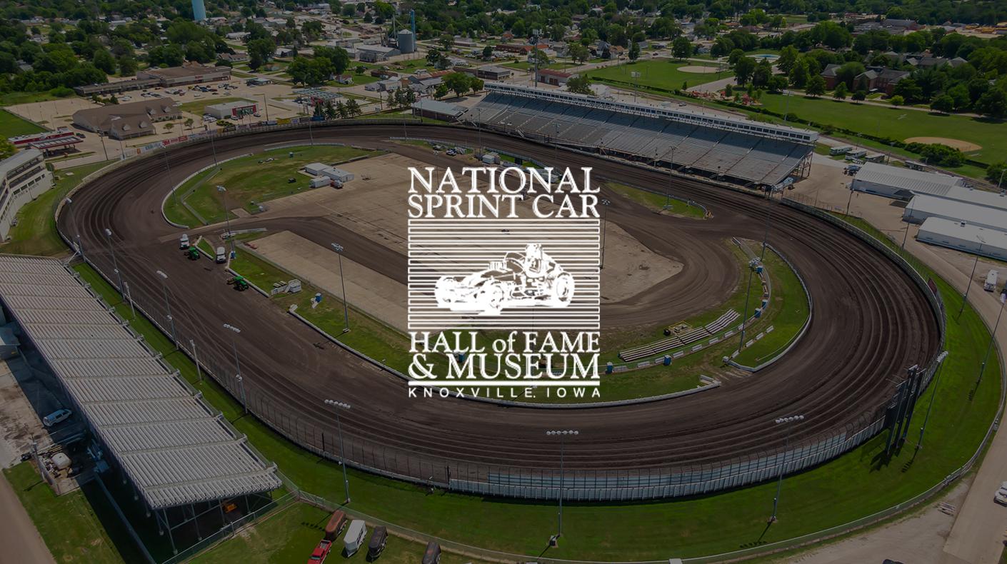National Sprint Car Hall of Fame and Museum logo over the Knoxville Speedway.