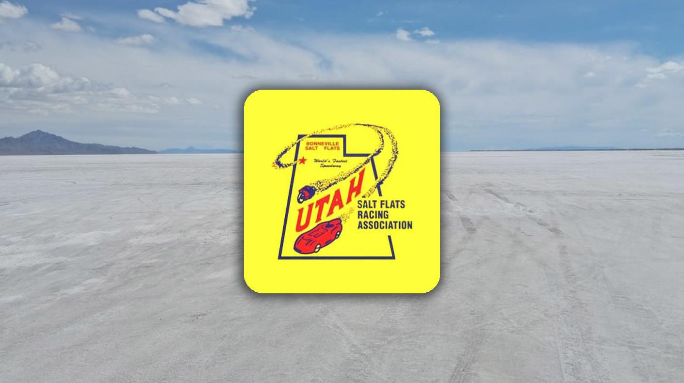 Utah Salt Flats Racing Association (USFRA) logo overlaid Bonneville Salt Flats in Utah
