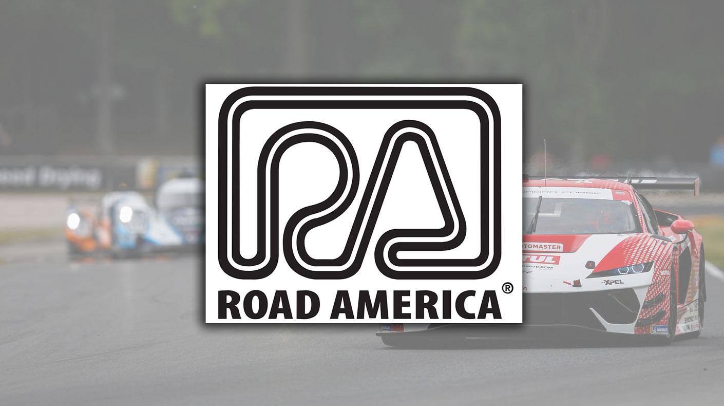 Road America logo overlaid an image of an IMSA race vehicle on track at Road America.