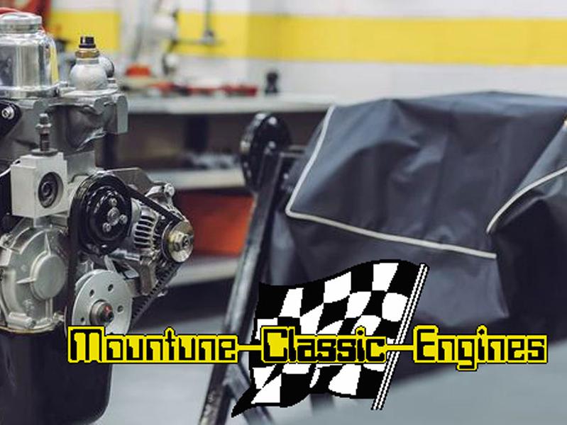 racing engine on bay in shop with Mountune Classic Engines logo