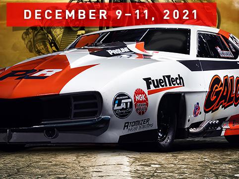Copy that reads "All Roads Lead To Indianapolis. Performance Racing Industry Trade Show. December 9-11, 2021. Drag racing car in the foreground with high-performance racing engine in the background.