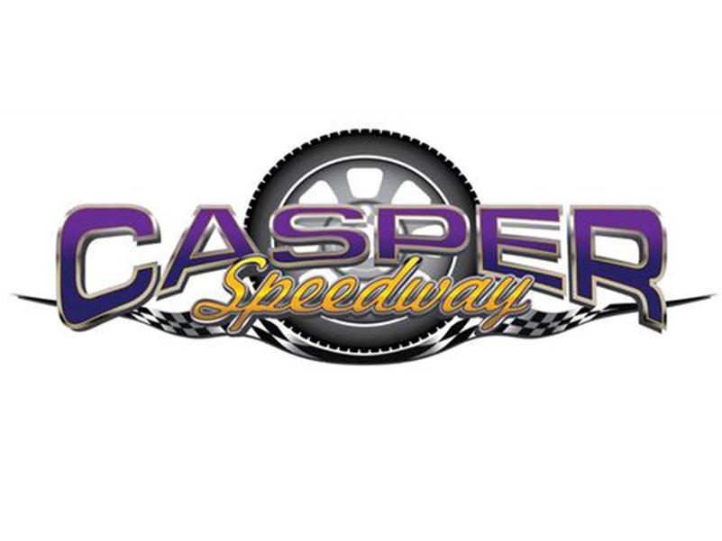 Overhead drone image of Casper Speedway with race cars on the clay dirt surface, Casper Speedway logo