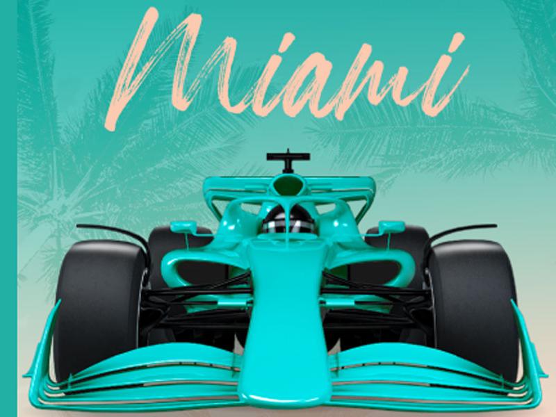 F1 Miami Grand Prix 2020 logo, F1 car in Miami teal color