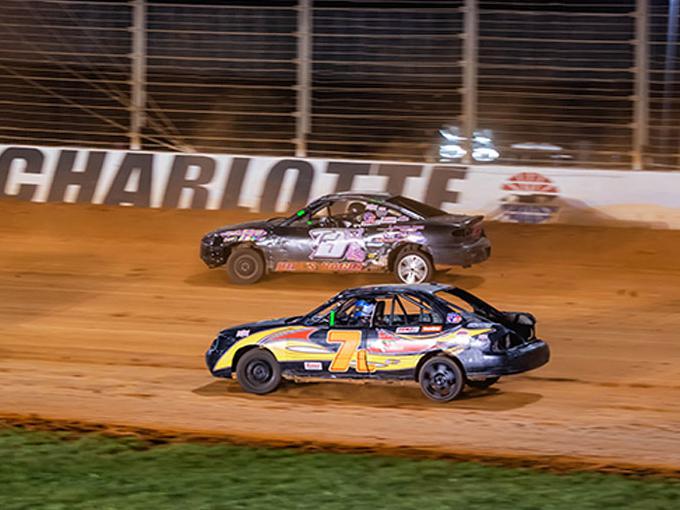Photo by Jacy Norgaard, release courtesy of DIRTcar. 4 Cylinder stock cars on track at Charlotte