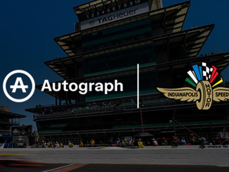 IndyCar logo, Autograph logo, IMS logo over an image of IMS