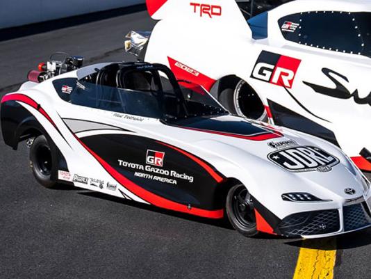 Photo of the GR Supra Jr. Roadster, left, courtesy of NHRA National Dragster