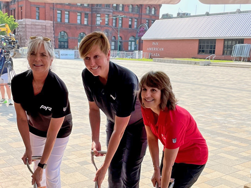 (Left image, from left to right) PRI Marketing Manager Lee Ann Davis, PRI Trade Show Director Karin Davidson and PRI Housing & Trade Show Specialist Michelle Gallegos.