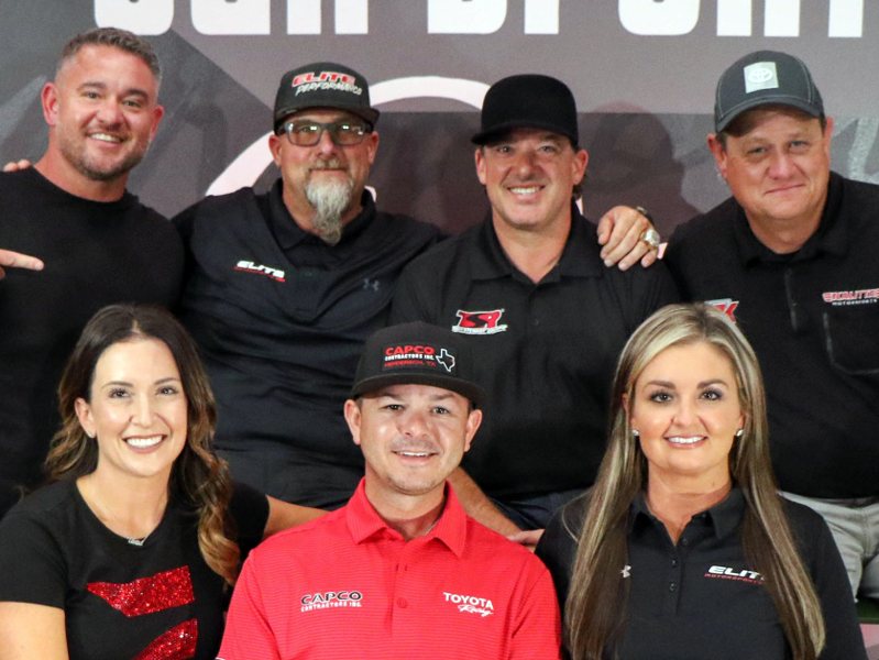 The PRO Superstar Shootout announcement included (front row) Courtney Enders, Steve Torrence and Erica Enders and (back row) Wes Buck, Richard Freeman, Tony Stewart and Chad Head.