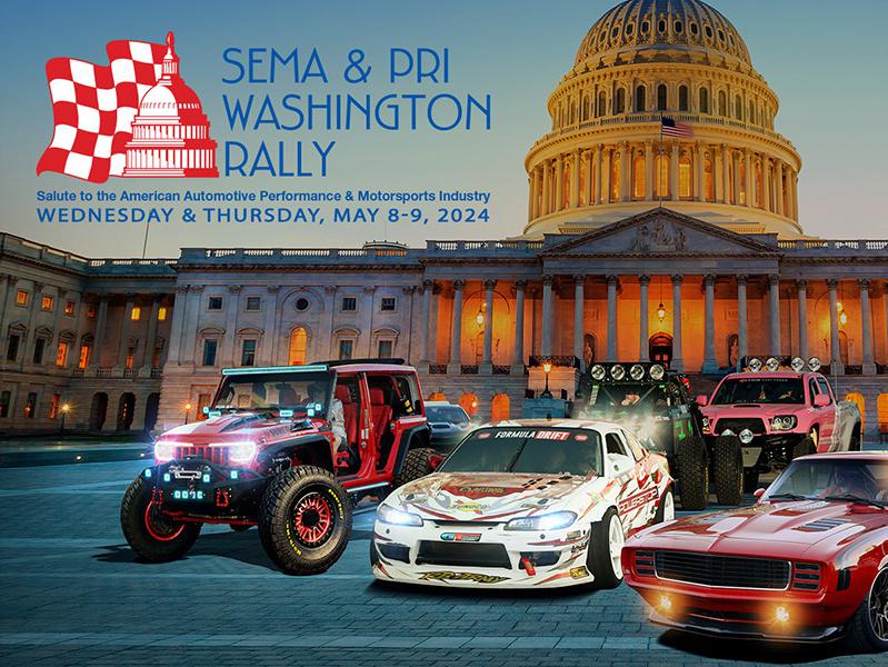 SEMA and PRI Washington Rally, race cars and cars in front of Congress