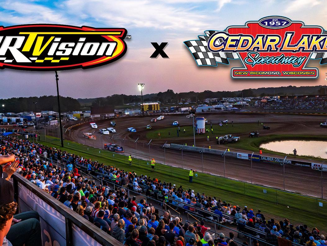 The DIRTVIsion and Cedar Lake Speedway logos over a photo of a full crowd watching a race.