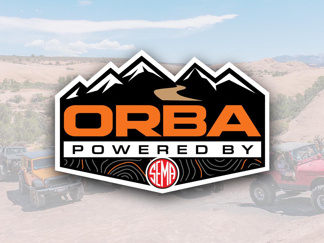 The ORBA logo over an image of off-road vehicles driving through the desert in Moab, Utah. 