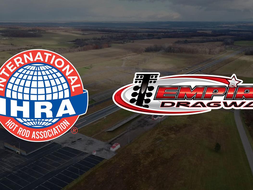 Photo of Empire Dragway with the IHRA and Empire Dragway logos.  