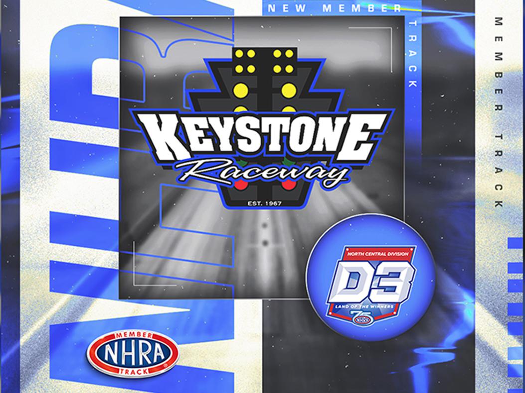Graphic showing the Keystone Raceway logo and the NHRA member track logo. 