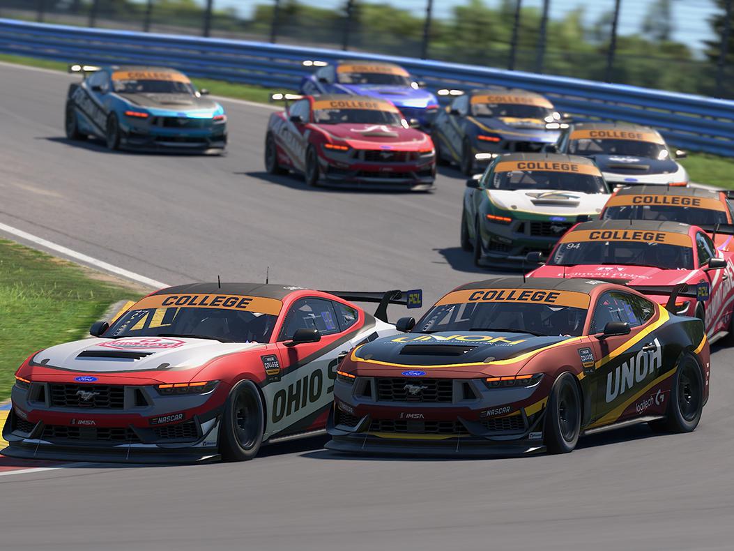 Screenshot of iRacing eNASCAR Ford Mustang GT4s.