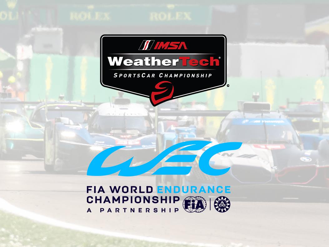 The IMSA and WEC logos over an image of the current WEC hypercar class cars on track.