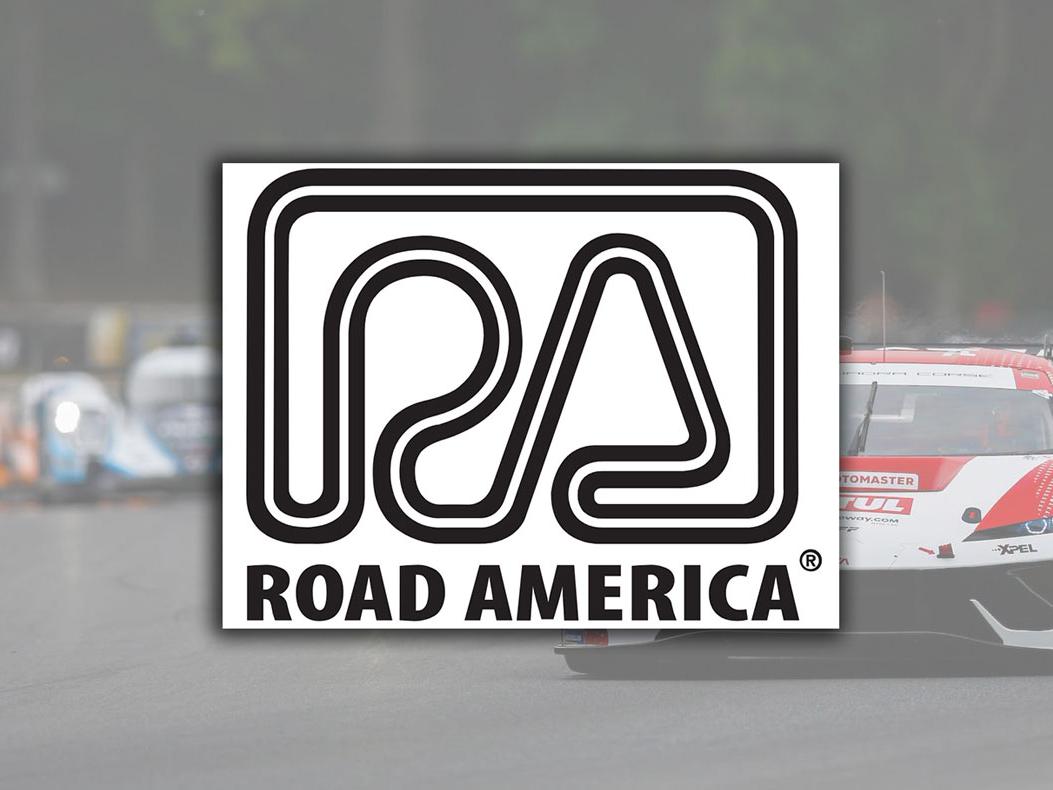 Road America logo overlaid an image of an IMSA race vehicle on track at Road America.