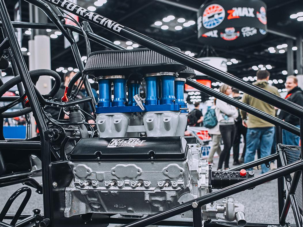 Midget chassis and engine at PRI Show.